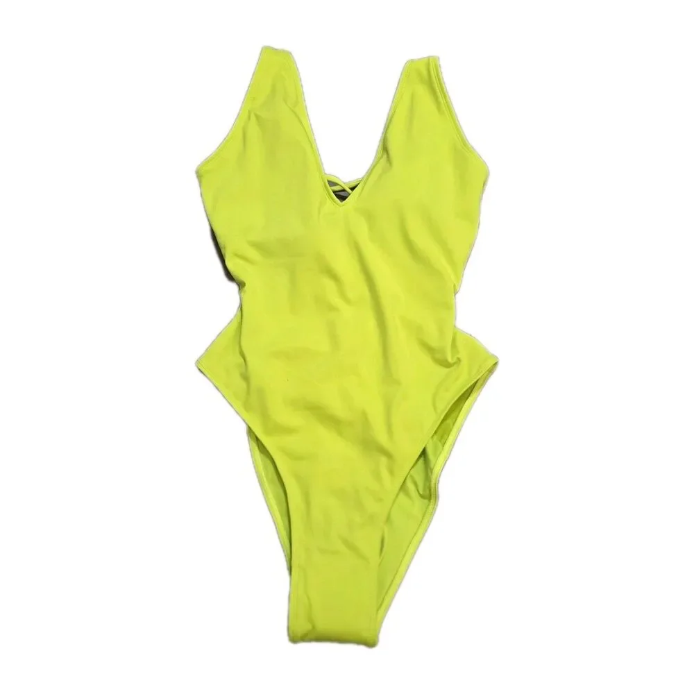 NEW TA3 Neon Yellow Plungey One Piece Swimsuit Bathing Suit Women's M Shapewear - Picture 8 of 9